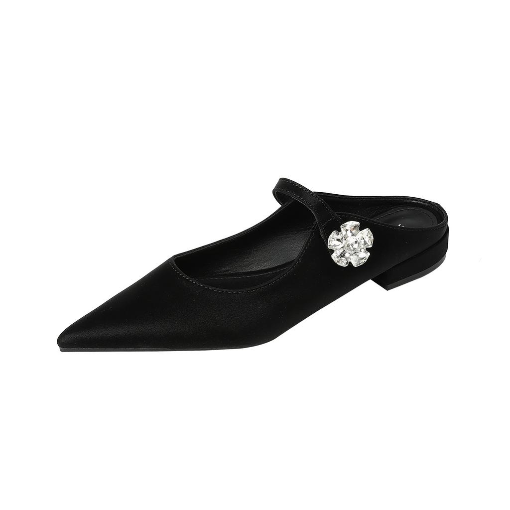 K77-2 Fairy Wind Crystal Flower Buckle Pointed Flat-soled Single Shoes 2025 New One-pedal Low-heeled Single Shoes Women's Shoes