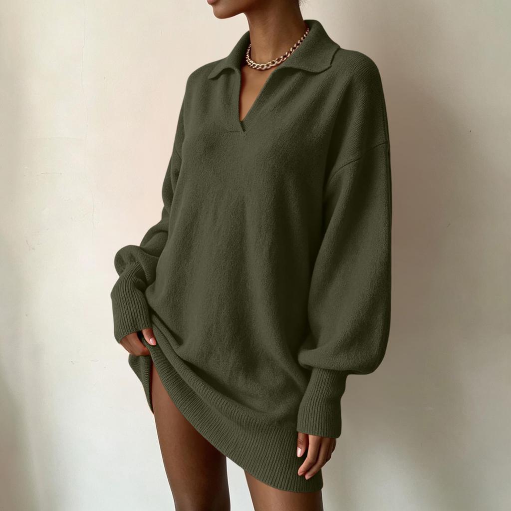 Women's Loose Fit Mid-Length Knit Sweater Dress with Sleeves and Turn-Down Collar