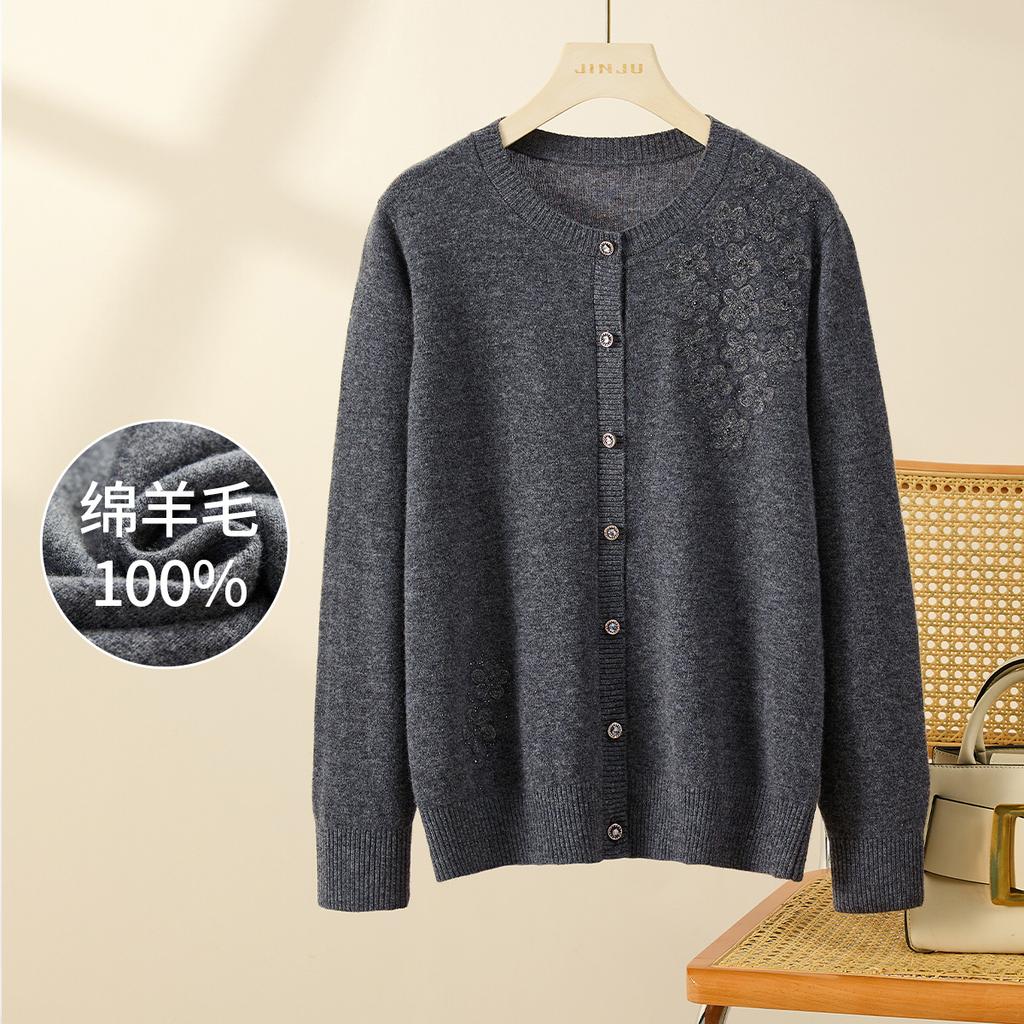 Elegant Mom's 100% Sheepskin Thick Edition Autumn/Winter New Embroidered Decorative Women's Wool Cardigan