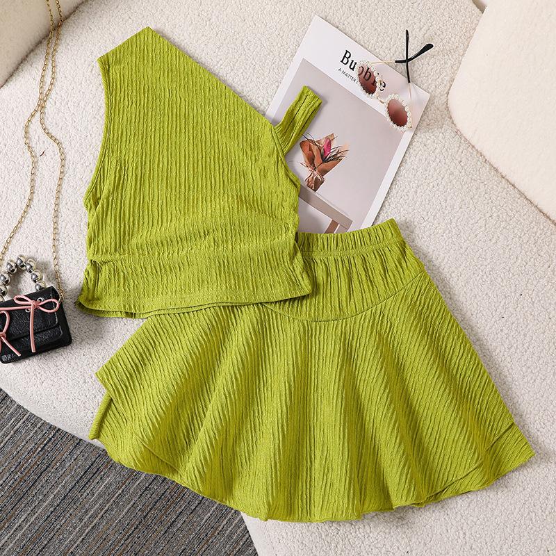 Girls' Spring/Summer New Fashion European And American Style Solid Color Off-Shoulder Tank Top With Double-Layer Skirt Set