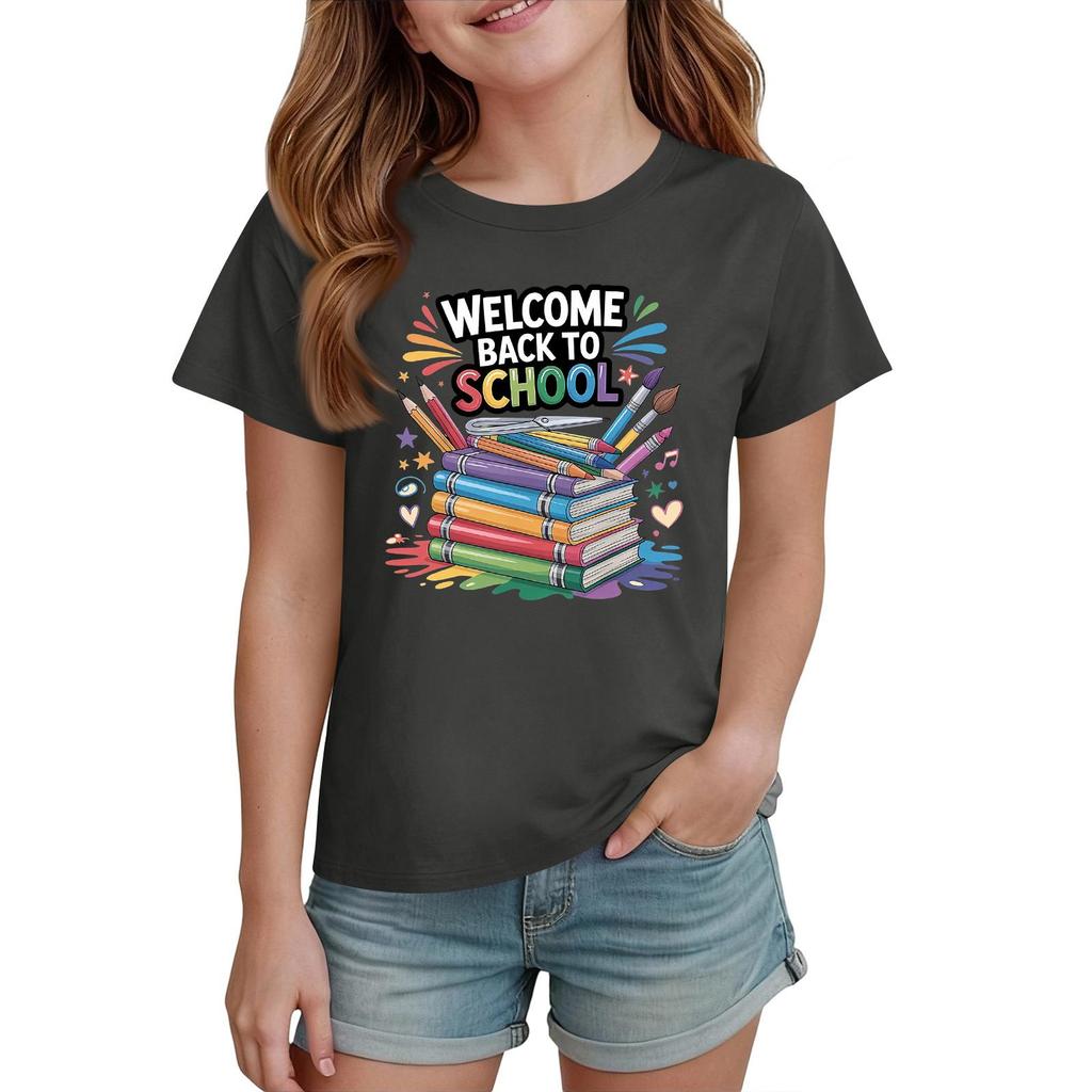 Kids Short Sleeve T Shirt Casual Crew Neck Tee Top Children Back to School Graphic Printed Lightweight Comfortable Summer Wear
