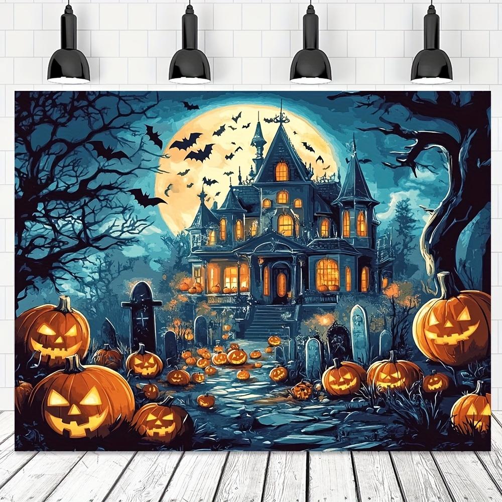 2D plane Halloween castle background cloth - Large Gothic haunted house scene with pumpkin lanterns.PMJ