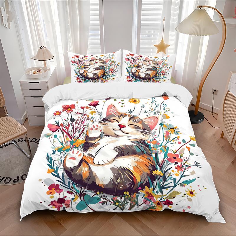 3pcs Happy Cat Quilt Set - Soft and Comfortable Bedroom, Guest Room and Dorm Decor Bedding Set M063
