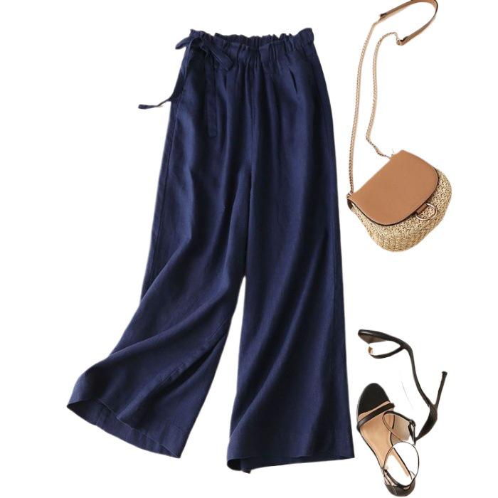 Southeast Asia Retro Cotton Linen High-Waisted Wide-Leg Cropped Pants with Side Tie