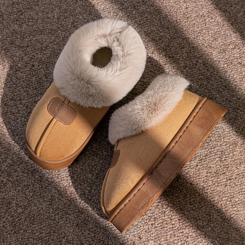 Baumwollpantoffeln mit Fersenpolster, Damen tragen hochgeschnittene Samt-Schnee-Stiefel mit dicker Sohle im Winter, und das Fell ist integriert, um zu Hause warm zu halten, Baumwollschuhe Herren