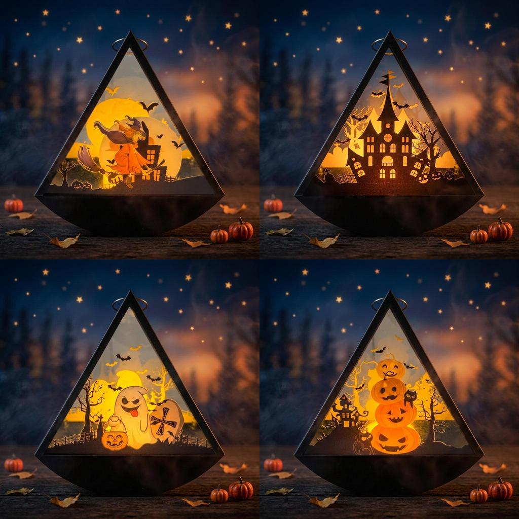Halloween Swag Triangle Wind Lamp With Witch Ghost Pumpkin Print For Party Decorations And Gifts