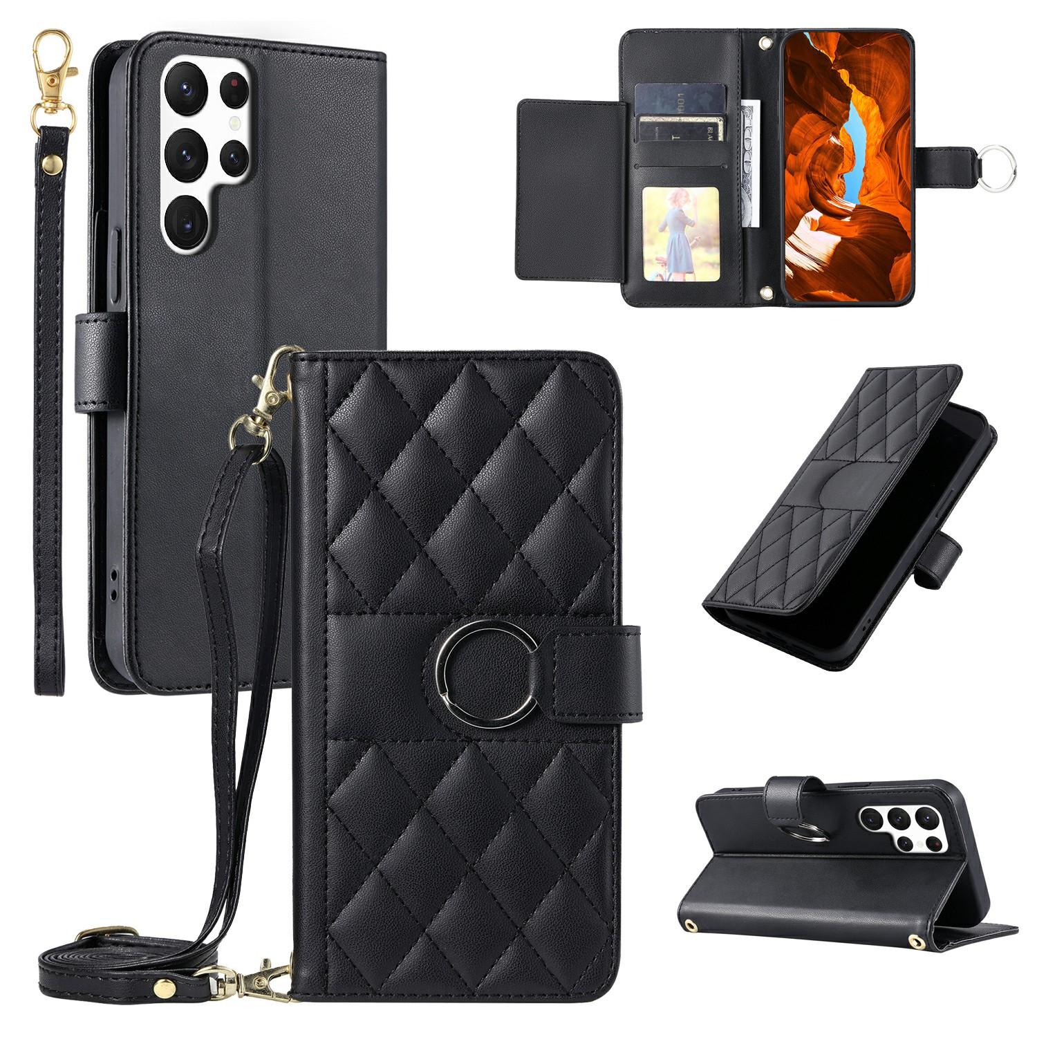 

For Samsung Galaxy S24 Ultra Crossbody Leather Case Ring Buckle Wallet Stand Rhombus Mobile Cover Black