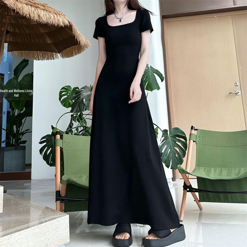 Elegant Slimming French Waist Short Sleeve Maxi Dress for Women 2026