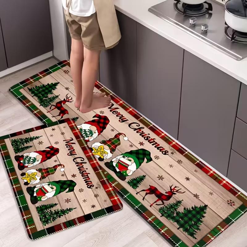 Vintage Puffy Christmas Tree Pattern Mat Non-slip Oil-proof Waterproof Floor Mat Dirt-resistant  Floor Mat for Kitchen Bathroom