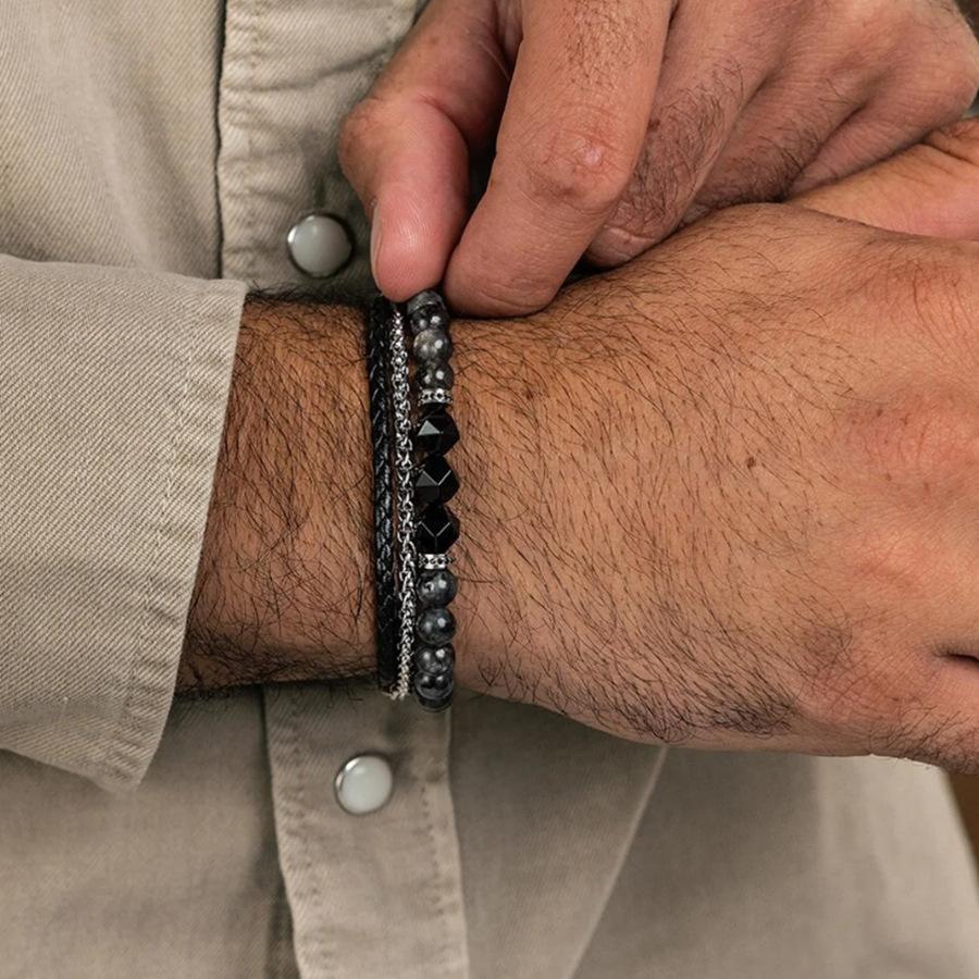 Vintage Schwarzes Mattes Armband Zirkon Krone Diamant Kugel Würfel Löwenkopf Perlenarmband Set