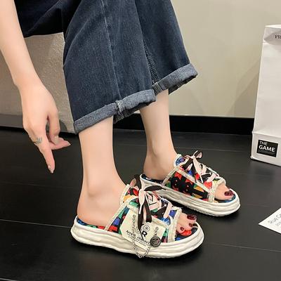 Fashion Women Canvas Slippers Summer Denim Lace Up Flat Designer Slippers Outdoor Casual Shoes Ladies Platform Open Toe Sandals