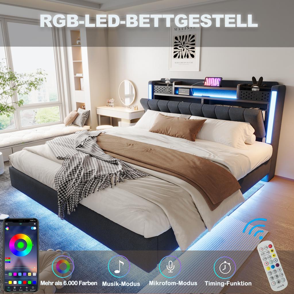 Polsterbett 160*200 mit LED-Beleuchtung und USB-Steckdose, Kopfteil mit Stauraum, Schwebendes Bett Jugendbett Erwachsenenbett, Leinenstoff, Grau