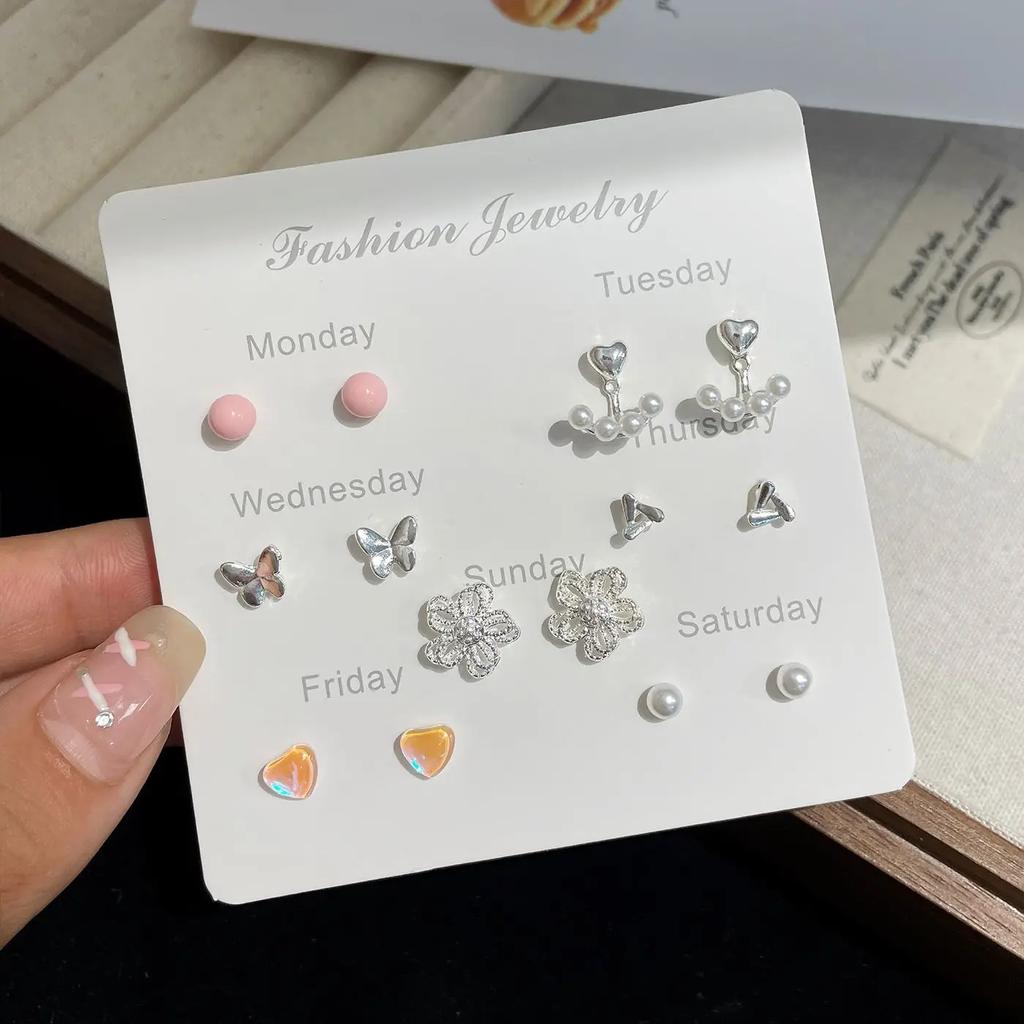 A Suit of Summertime Dazzle Colour Small Stone Sweet Earrings SetS for Women Crystal Clear Butterfly Love Heart Set Paty Jewerly