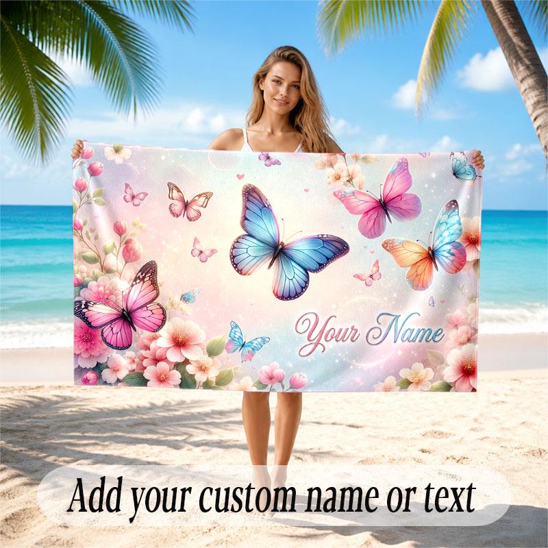 Butterfly Theme Soft Beach Towel Personalized Custom Name Text Towel Portable for Beach Pool Travel