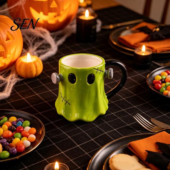 Dreidimensionale Geistertasse Grüne Keramik-Wassertasse mit Henkel, 3D Halloween Dekorationstasse, Thematische Kaffee Tasse 490ml Fassungsvermögen, Kreatives Trinkgeschirr
