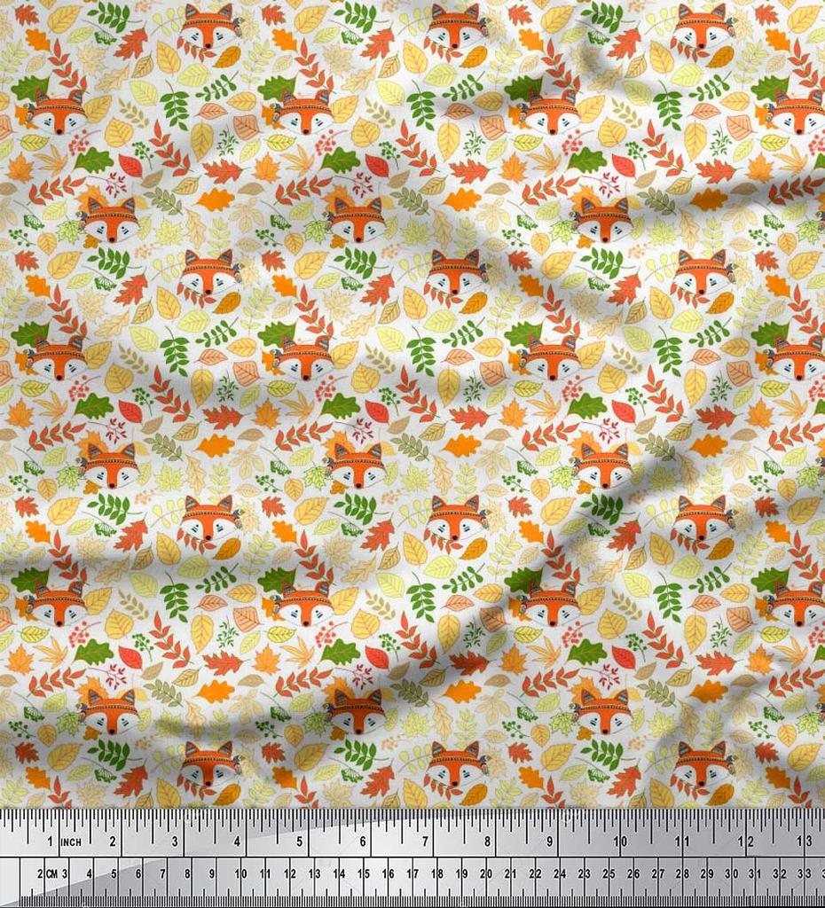 Soimoi Japan Crepe Satin Fabric Leaves & Fox Face Cartoon Printed Craft Fabric by the Metre 42 Inch