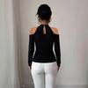 Spring Autumn Hollow Out Off Shoulder Applique Ruched Curved Hem Slim Flattering Versatile Top Fashion Casual Slim Fit Ladies Elegant Top