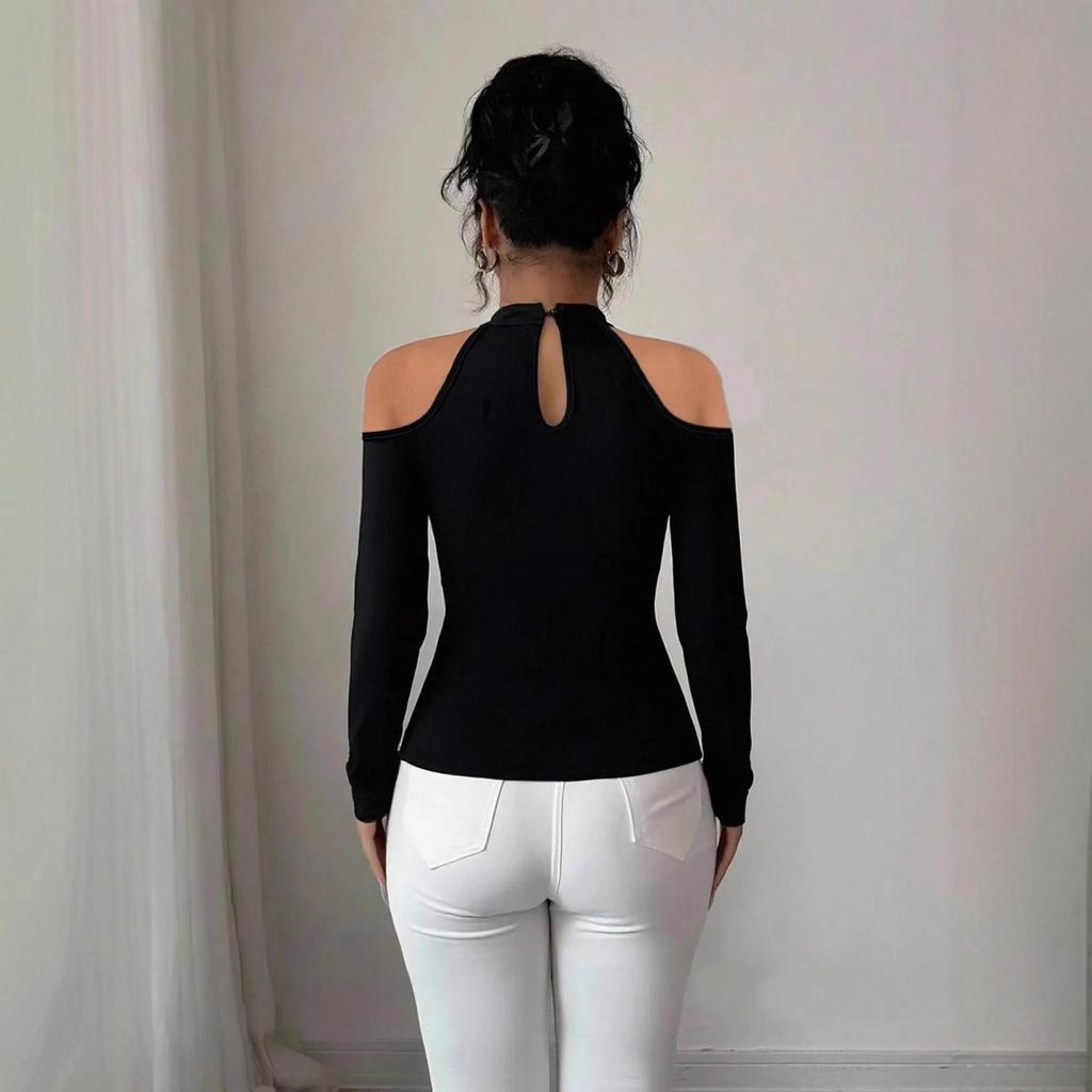 Spring Autumn Hollow Out Off Shoulder Applique Ruched Curved Hem Slim Flattering Versatile Top Fashion Casual Slim Fit Ladies Elegant Top