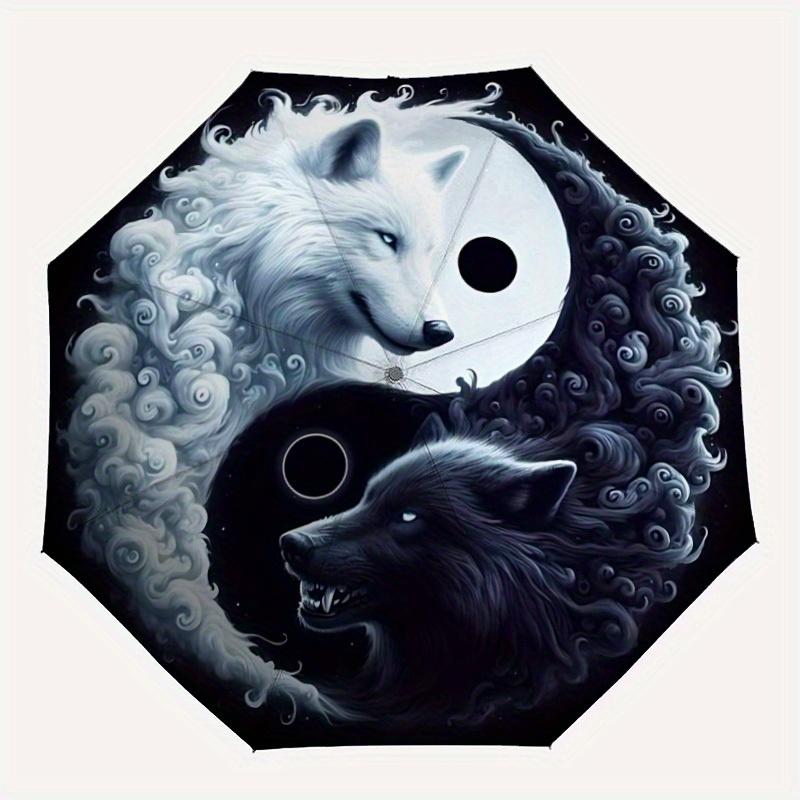 

1pc Wolf YinYang Automatic Open/close, Heavy-Duty Iron Frame & 8-Rib structure, Compact Folding Umbrella for Women/Men, All-Season Travel, Halloween a