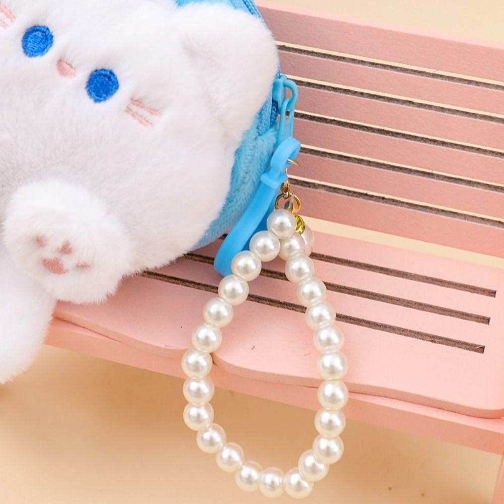 Cat Cartoon Plush Coin Purse Pearls String Portable Mini Plush Coin Bag Candy Color Accessories Backpack Keychain Plush Purse