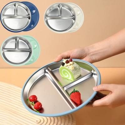 304 Stainless Steel Suction Cup Kids Plates Divided Design Children 3 Grids Dishes Dinnerware