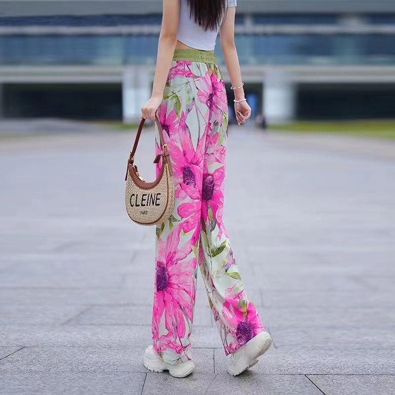 Summer Women's Ice Silk Print Pants Thin Loose Wide-leg Pants Stretch High-waisted Straight-leg Pants
