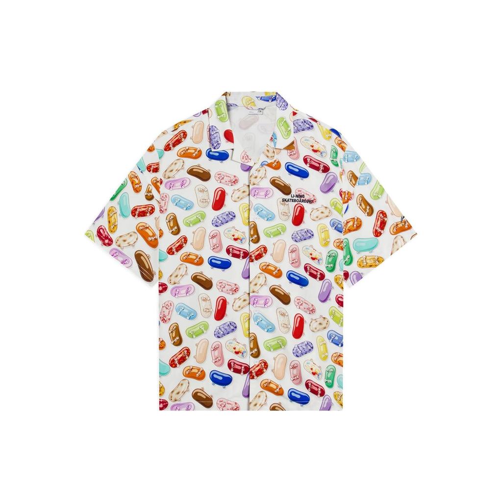 Li-Ning X Phil Hackett Artist Collaboration Series Geometric Cartoon Print Short-Sleeve Button-Up Shirt Men Tops Multicolor ASHS461-1