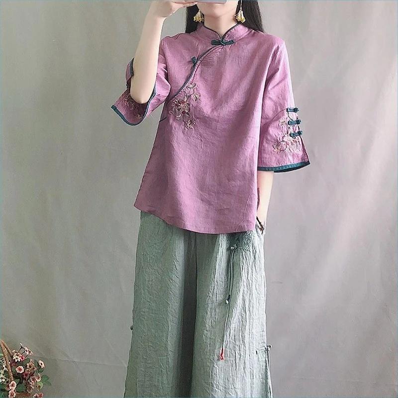 Spring Summer Retro Seven Quarter Ladies' Cotton Linen Shirt Blouse Chinese Traditional Women's Formal Top Ttang Costume Hanfu
