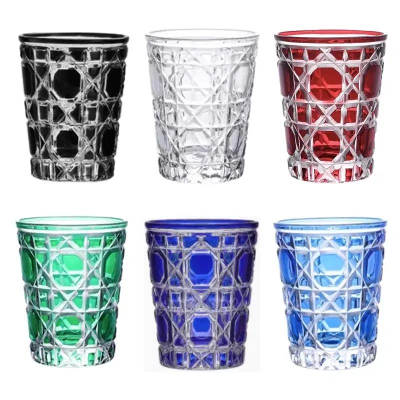 Moda artistică 300-350 ml Pahar rotund în carouri de vin Sticlă de cristal lucrată manual pentru whisky Vodcă Sake Cupă pentru băuturi rafinate