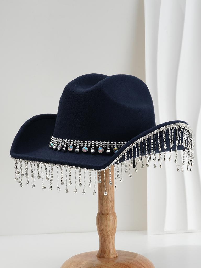 Men's and Women's Cowboy Hats, Panamanian Top Hats, Three-dimensional Round Gemstones, Round Diamonds with Rhinestone Tassels, Wedding Gifts