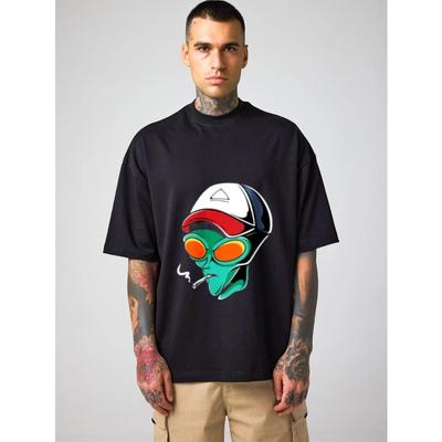 Crew Neck T Shirt White Alien Wearing Cap and Sunglasses Smoking Graphic Print Casual Streetwear Fashion for Men and Women