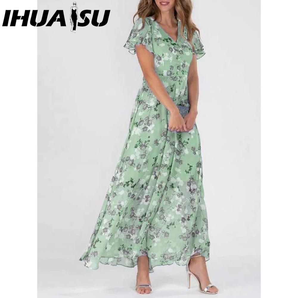 IHUASU Φόρεμα Μακρύ με Βολάν Λαιμόκοψη V 6 Χρωμάτων Κοντομάνικο Εφαρμοστή Μέση Ψηλόμεσο Αέρινη Ποδιά Χαριτωμένο Φλοράλ Σιφόν Φόρεμα Γυναικεία Ρούχα
