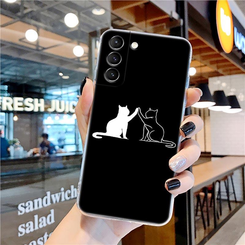 Funny Cartoon Line Art Cat Cute Animal Transparent Case for Samsung Galaxy S22 S21 S20 FE S 22 Ultra S10E S9 Plus 5G Cover Coque