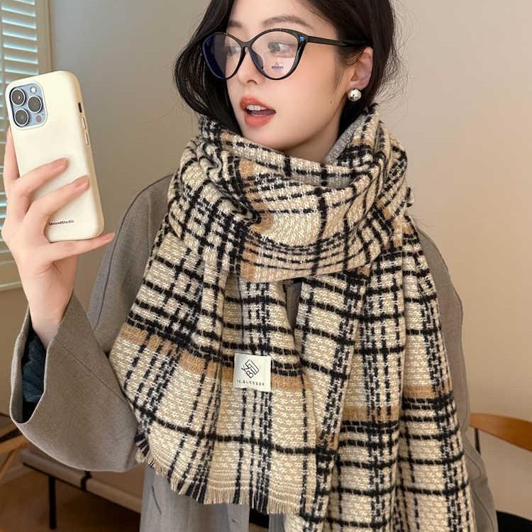 Houndstooth Bright Silk Scarf Warm Neck Winter Premium Plaid Knit Scarf