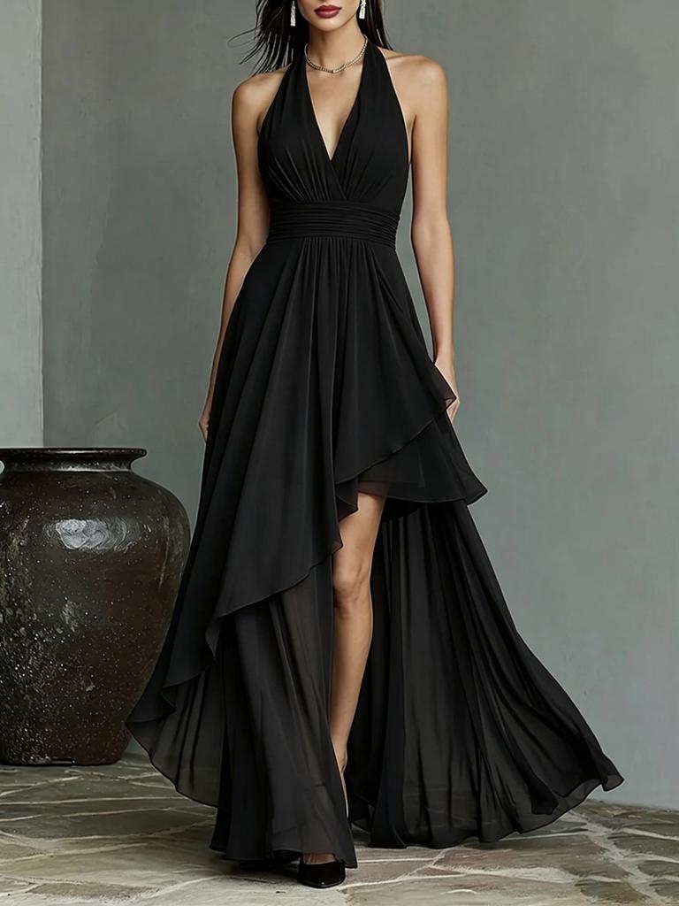 New chiffon dress, neck halter waist V-neck dress evening dress