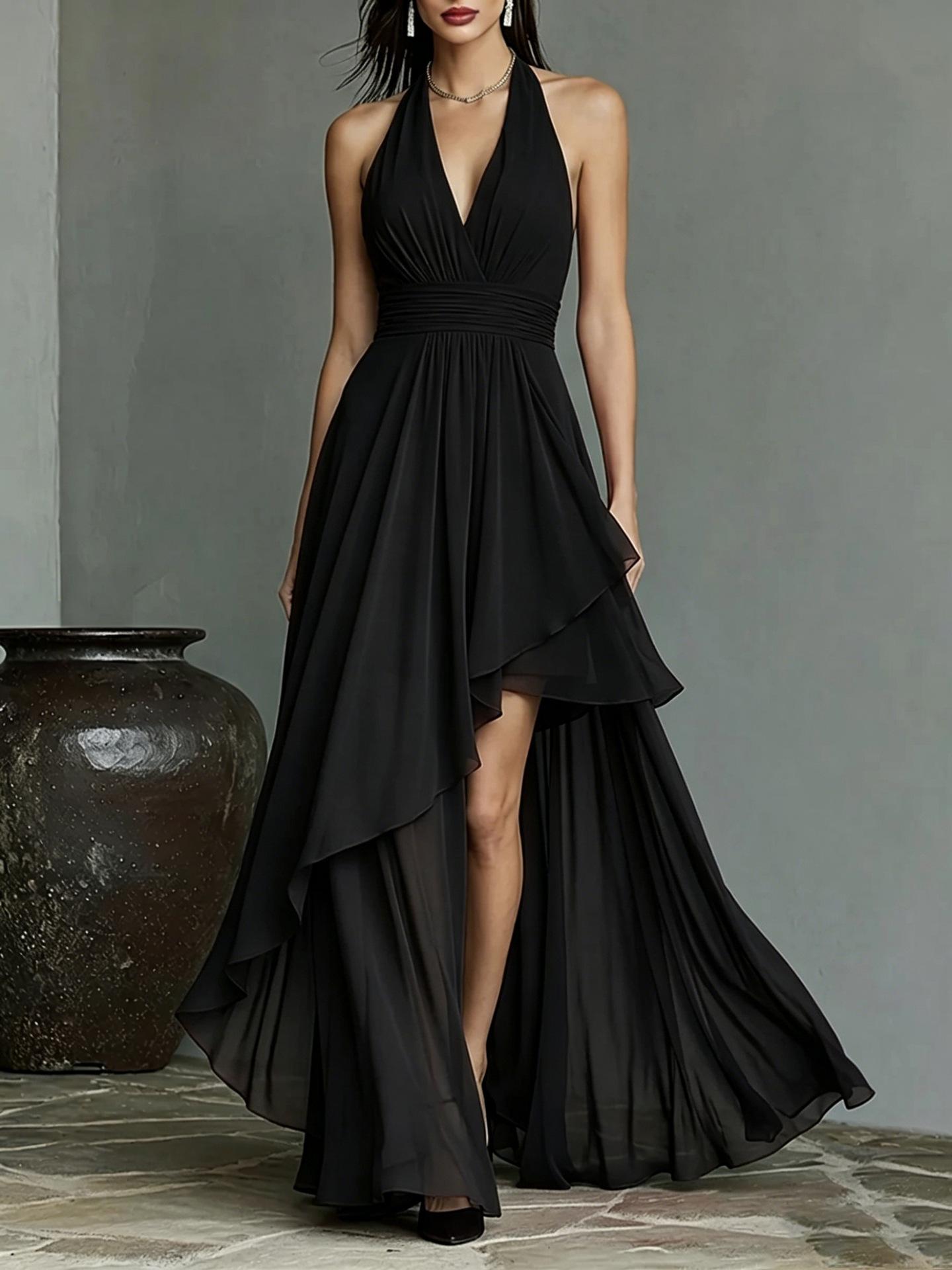 Women Halter Neck V Neck Ruffled Asymmetrical Hem Maxi Dress Elegant Evening Party Gown S