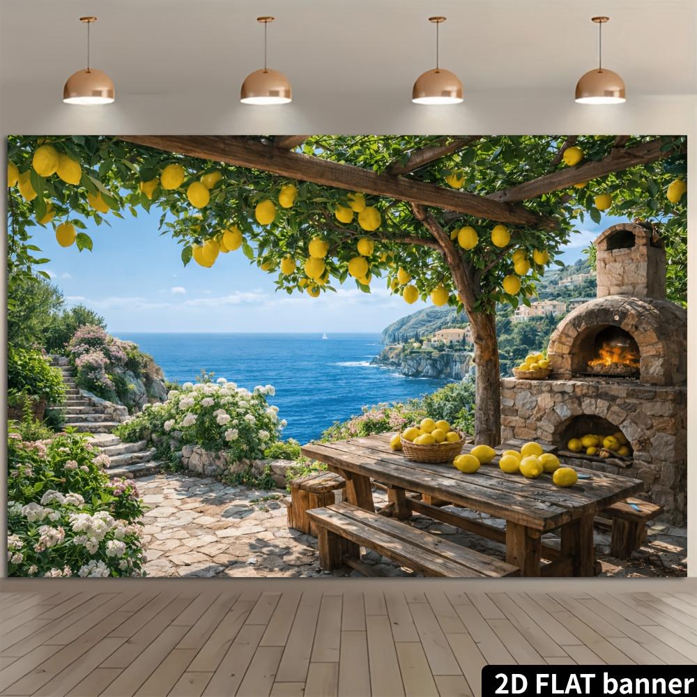 2D flat lemon tree pavilion baking kiln sea view banner background cloth lemon trees hanging with fresh fruits