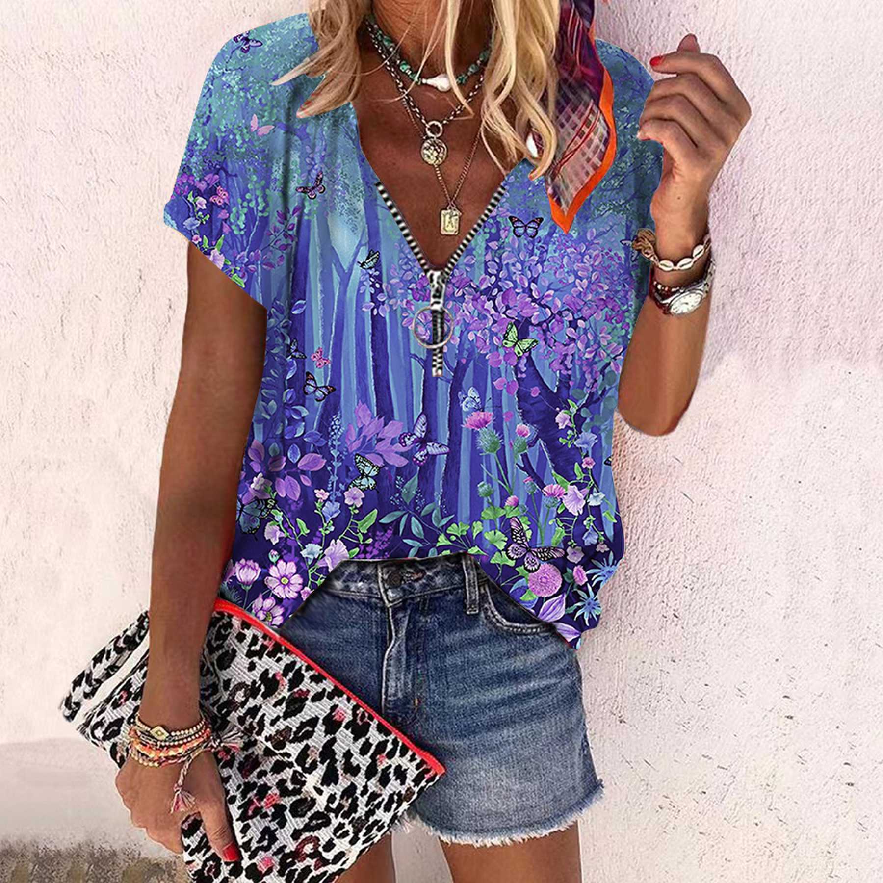 

Женский топ, летний новый модный топ с красивым лесным принтом, повседневный топ на молнии с v-образным вырезом и короткими рукавами 8XL фиолетовый