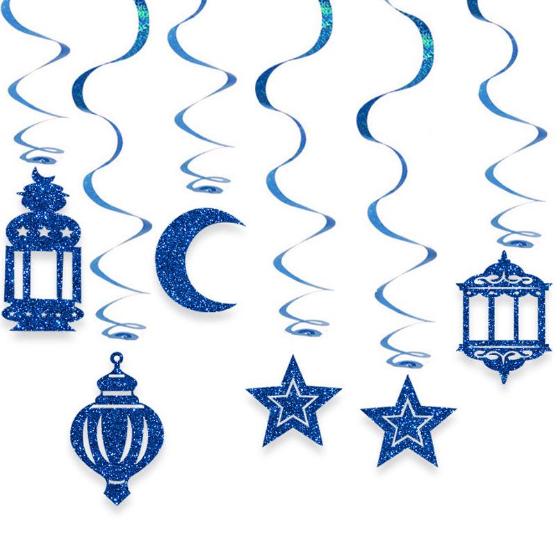 Spirálové ozdoby z hvězd a měsíce ve tvaru blízkovýchodních luceren pro dekorace k svátku Eid