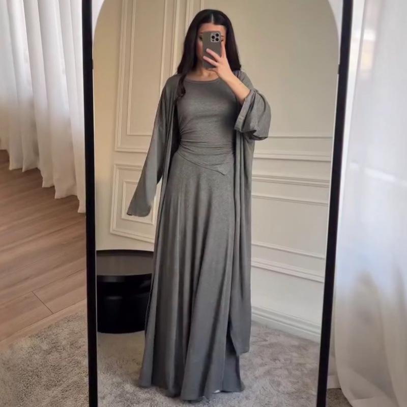 2025 Autumn Versatile Headscarf, Short Sleeve, Midi Skirt Three-piece Set