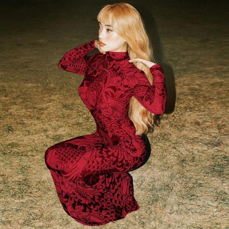 Sukienka Maxi Damska z Nadrukiem Siateczkowym Golf Długi Rękaw Dopasowana Jesień Modna Hipsterska High Street Imprezowa Odzież Y2K