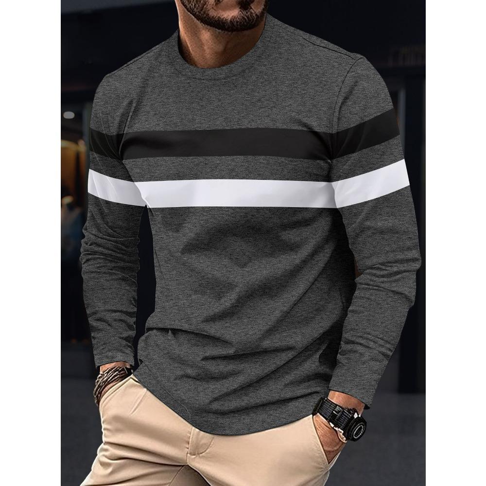 2024 Spring and Autumn Fashion Men's Long Sleeve Round Neck Splicing T-shirt Business Anti Wrinkle Street Wear Casual Top