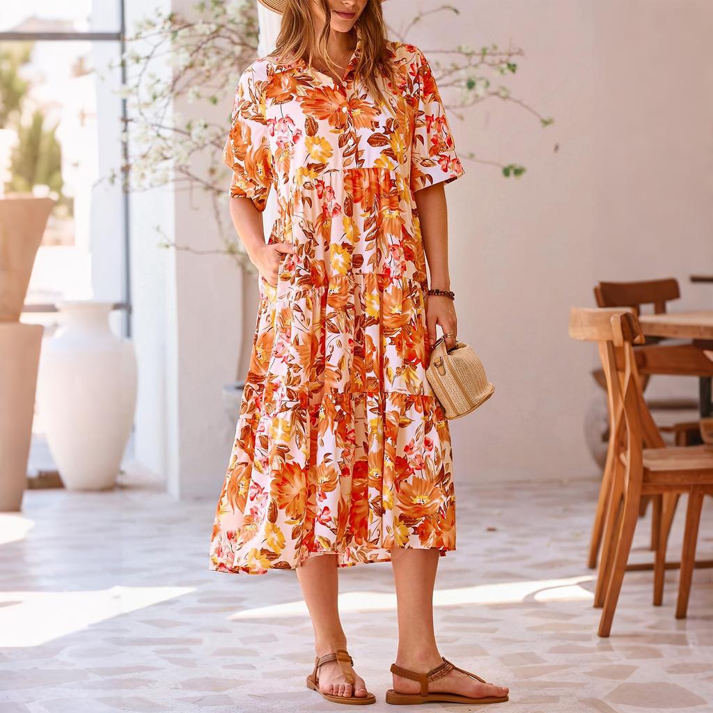 Women's Short Sleeve Floral Print Button Dress - Long Length with Collar and Pockets Smocked for Summer