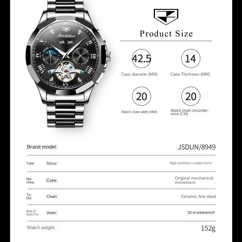 JINSHIDUN Multi-functional Men's Watch Men's Trend Double Calendar Ceramic Waterproof Automatic Mechanical Watch