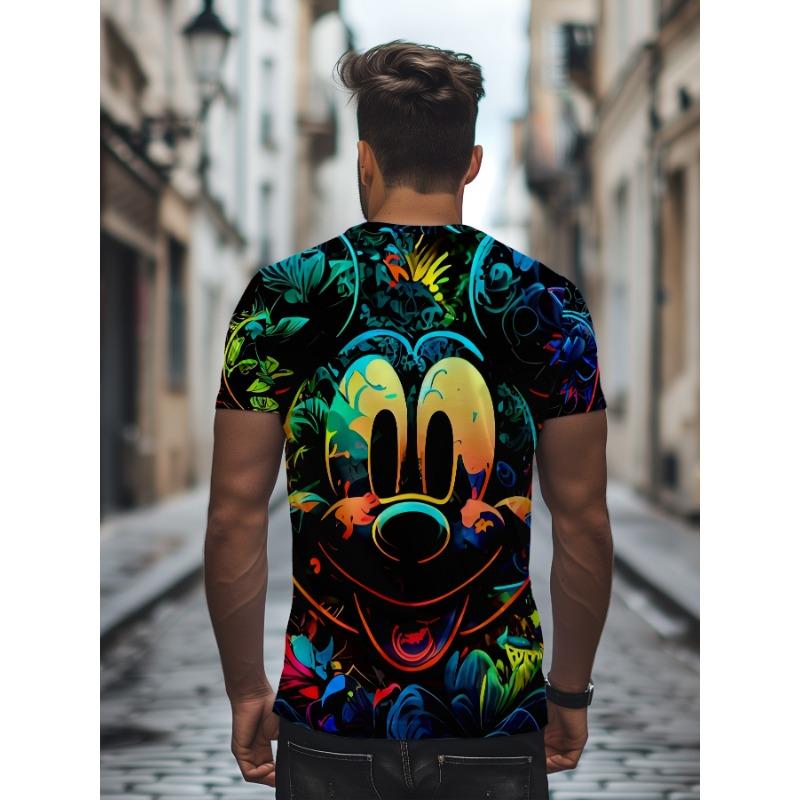 Neon Color Graffiti Mickey Mouse T Shirt Men Tropical Plant 3D Full Print Short Sleeve Tee Fashion Hip Hop Casual Daily Tops