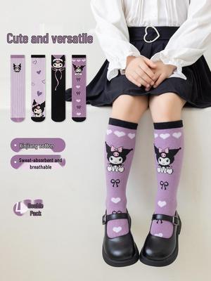Kinder Kuromi Baumwoll Kniestrümpfe: Cartoon-Wadenstrümpfe für Mädchen, Koreanischer Stil, Frühling/Herbst, Wadenhoch.