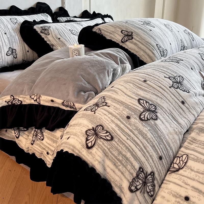 French Lace Thickened Milk Fleece Bed Four-Piece Set Double-Sided Fleece Quilt Cover Coral Fleece Princess Style Bed Sheet