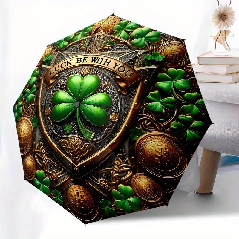 Four-Leaf Clover Luck Charm Decorative Plaque Umbrella, Cute Umbrella with Cute Design, Portable 3-Fold Compact Umbrella for Men & Women, Valentine's