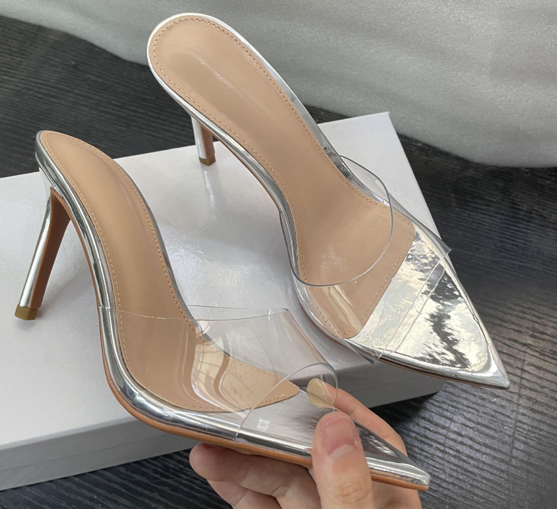 

WO Huizhou new European and American women s shoes simple nude transparent one-word high heels thin heels pointed not tired feet versatile 34