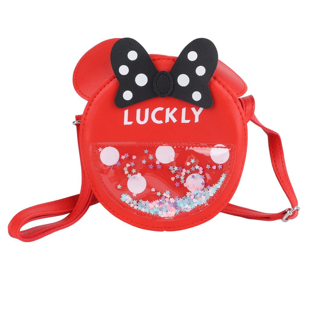 Girl PU Leather Messenger Bag Exquisite Cute Cartoon Shiny Sequins Bowknot Shoulder Bag Purse Red